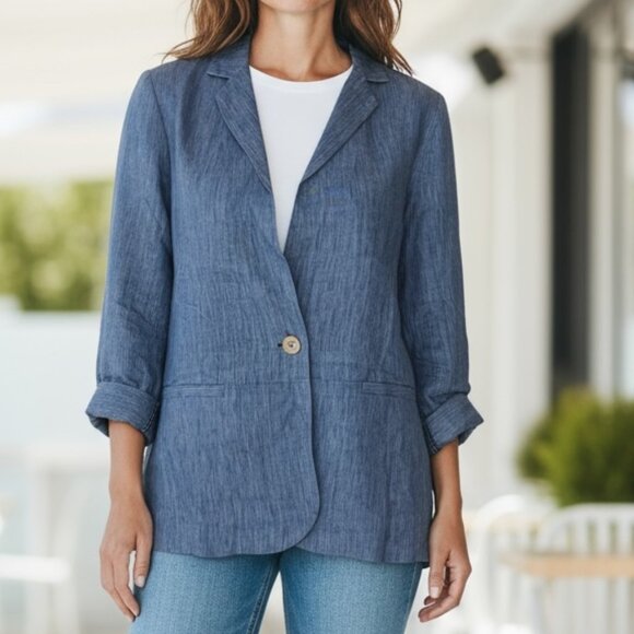 Ellen Tracy Women’s Linen Blazer Jacket Blue Pinstripe One Button Lightweight - Picture 1 of 12